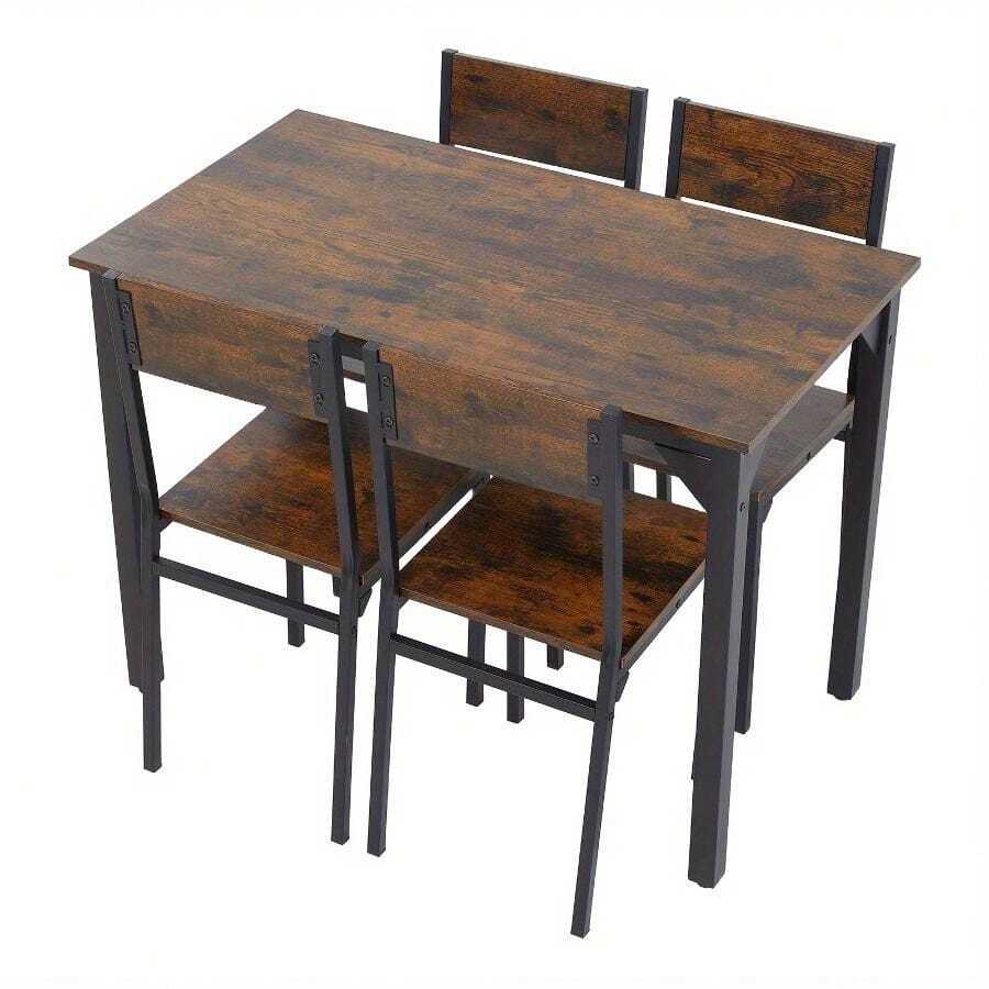 Dining Table And Chairs Set 4, Rectangle Breakfast Kitchen Table And 4 Chairs With Mental Frame For Kitchen Restaurant Home Bar, Rustic Brown/ Grey - Brown - View 1