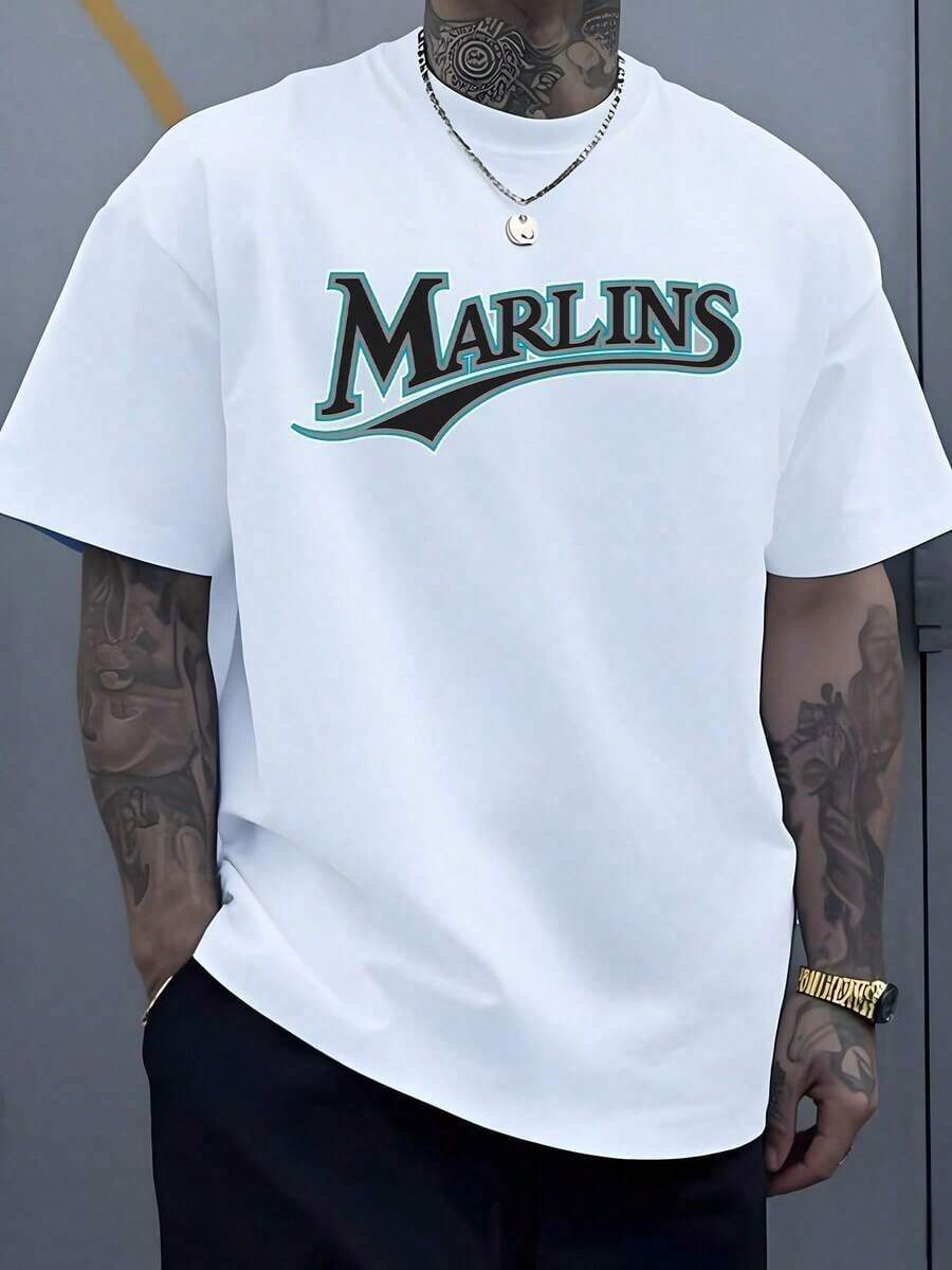 1 Piece Of Sports T-Shirt With Graphic Logo, 220g, Streetwear Style, 100% Cotton, Marlins Inspired T-Shirt, Digital Print, Casual, Hip Hop, Short Sleeve And Plus Size. - 白色 - 查看 1