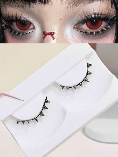 1 Cặp mi giả đính đinh tán kim loại, kiểu liền mạch, trang điểm sáng tạo theo phong cách cosplay, mi siêu mảnh màu đen tự dính, có thể tái sử dụng.