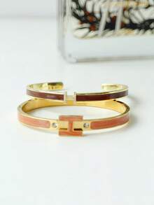 3pcs Fashionable Chic Golden Letter Leather Bracelets, Personalized Accessories Gift For Girlfriend - 3-piece Set - Brown Combination - View 8