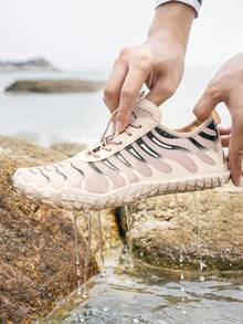 新款女士户外运动水鞋，涉水徒步鞋，零落差赤足徒步鞋，夏季女士鞋，条纹图案，适合钓鱼、海滩漫步、游泳、健身、泳池和瑜伽等活动 - 米色 - 查看 3