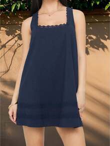 Vestido mini suelto informal de verano para mujer, con encaje y retazos, cuello cuadrado, sin mangas, para fiesta, playa, club, ropa de calle - Azul Marino - Ver 1