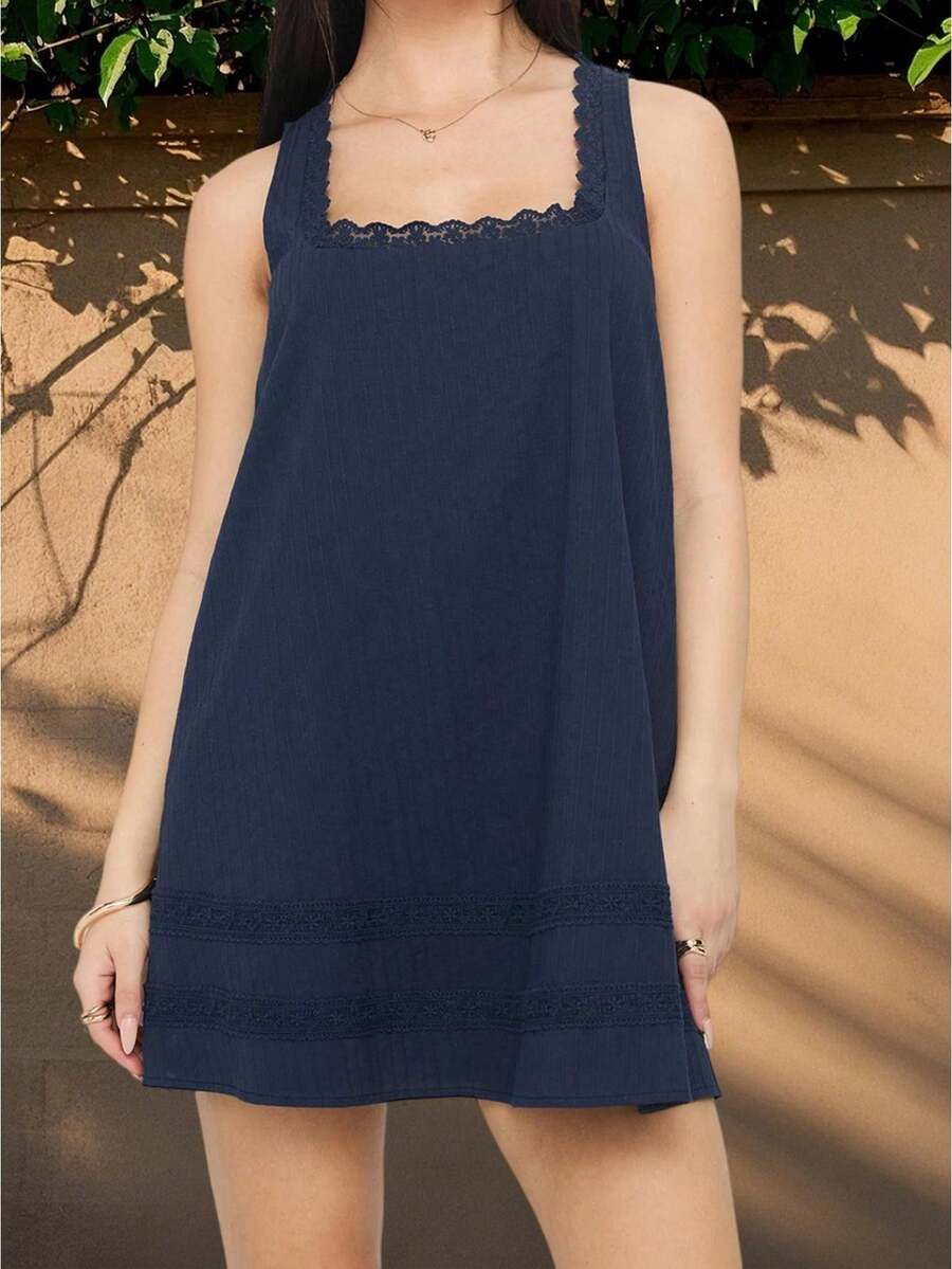 Vestido mini suelto informal de verano para mujer, con encaje y retazos, cuello cuadrado, sin mangas, para fiesta, playa, club, ropa de calle - Azul Marino - Ver 1