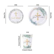 10/20/30Pcs,Gold Foil God Bless Cross Disposable Plates Set,Eucalyptus Baptism Tableware Set With 7 Inch & 9 Inch Plates And 9oz Cups, Perfect For Babe Baptism,First Communion,Confirmation And Church Event Decorations - Multicolor - View 7
