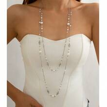 2pcs Elegant Double-Layer Long Necklace Set With Faux Pearl And Silver Beads, Bohemian Style Suitable For Daily Wear And Parties, Ideal Gift For Christmas, Valentine's Day, All Seasons, Weddings, Friends - Long Necklace - View 4