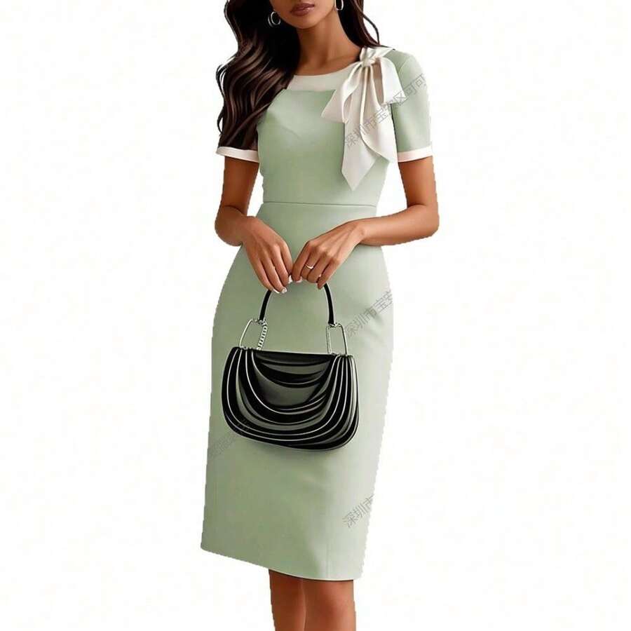 Vestido midi de mujer con cuello redondo lazo contraste elegante para fiesta de noche vestido de dama de honor ajustado con detalles de encaje nuevo diseño de moda - verde manzana - Ver 1