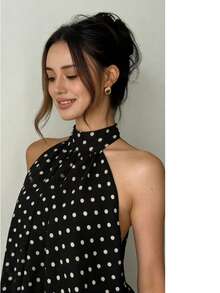 Valentine Outfits For Women Sweet Vacation Slim Sexy Backless Halter Waist-Cinching Top Puffy Short Skirt Dress For Women - 黑白波點 - 查看 12