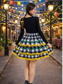 June Festival Skirt, Adult/Youth Cup, Countryside Checkered, Round Square Dance, Saint John's Day, Ruffles, Luxury - 黃色 - 查看 4