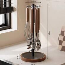 1个不锈钢厨房用具收纳架，带木质底座、可旋转、8个挂钩 - 彩色 - 查看 8