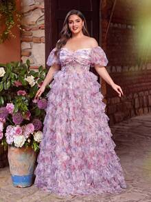 大码优雅舞会礼服，长款花卉荷叶边网纱甜心领泡泡袖浪漫派对礼服，适合春季婚礼、花园派对等场合。 - 紫色 - 查看 3