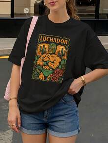 Camiseta Negra Luchador con Estampado de Luchador y Cactus para Uso Diario - Negro - Ver 1