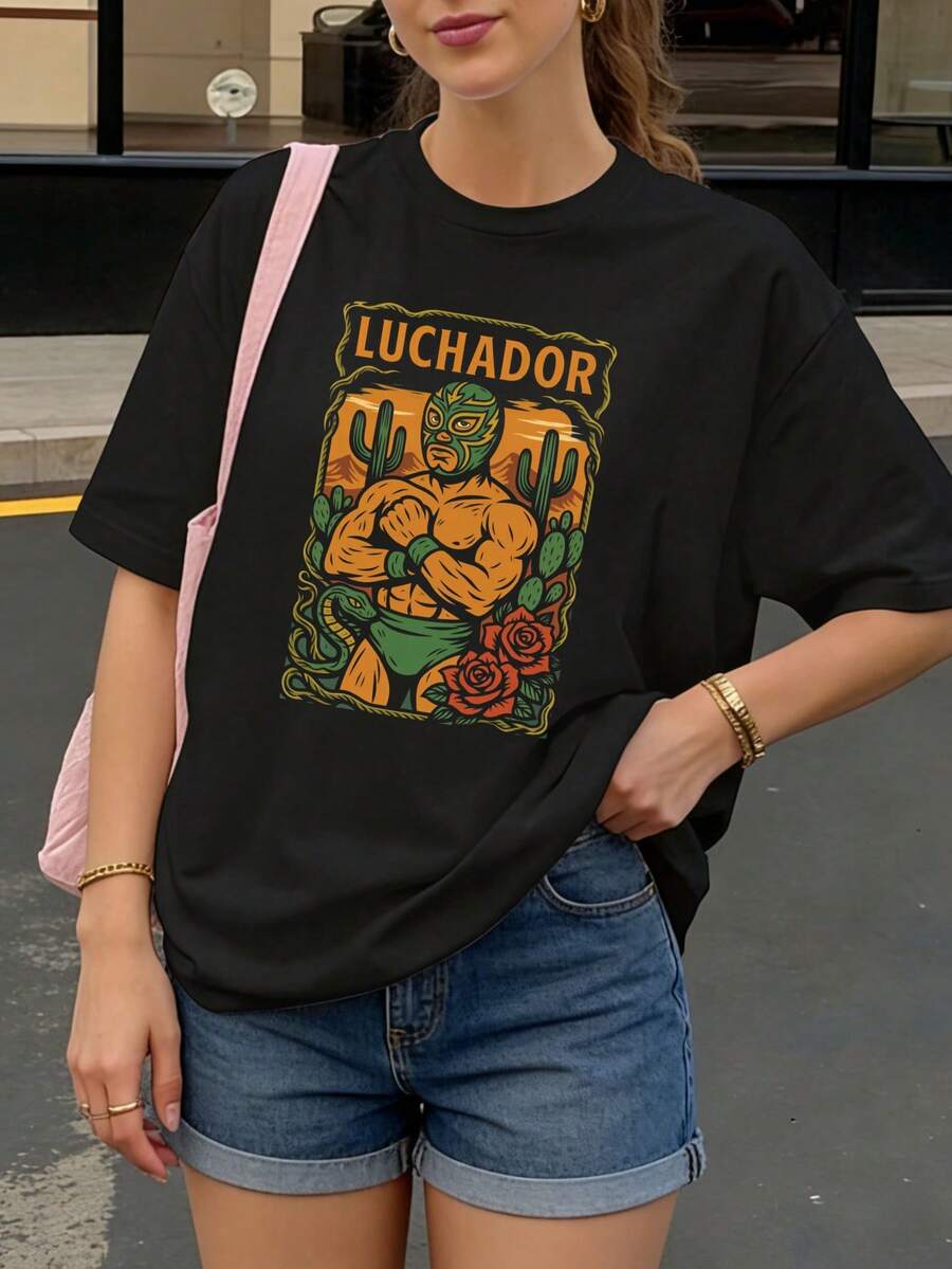 Camiseta Negra Luchador con Estampado de Luchador y Cactus para Uso Diario - Negro - Ver 1