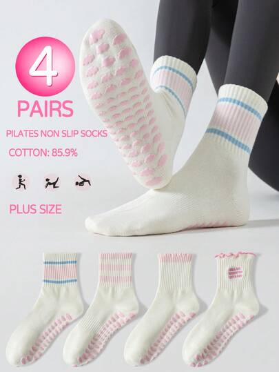 1 đôi/4 đôi tất Pilates cỡ lớn chống trượt, tất yoga cổ cao bằng cotton dành cho nữ có đế chống trượt, kẻ sọc và viền bèo nhún, thích hợp cho tập thể dục, barre, khiêu vũ và tập luyện.