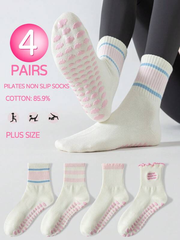 1 đôi/4 đôi tất Pilates cỡ lớn chống trượt, tất yoga cổ cao bằng cotton dành cho nữ có đế chống trượt, kẻ sọc và viền bèo nhún, thích hợp cho tập thể dục, barre, khiêu vũ và tập luyện.