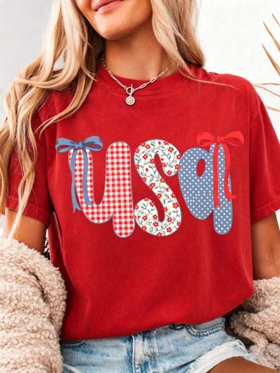 Women's Short Sleeve Round Neck USA Graphic Tee Casual Cute Summer T-Shirt Polyester Fabric With Slight Stretch Regular Fit Streetwear Style - 紅色 - 查看 1