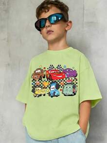 Summer Tops,Disney Cars Print Graphic Tee, Perfect For Cool Boys. Teen Boy Gift,Comfortable And Breathable Children's Short-Sleeved T-Shirt. 180g Pure Cotton Children's Clothes,Suitable For Both Boys And Girls.Suitable For Daily Wear, Vacations, Outdoor Activities, And As A Children's Gift. - màu xanh lá - Xem 1