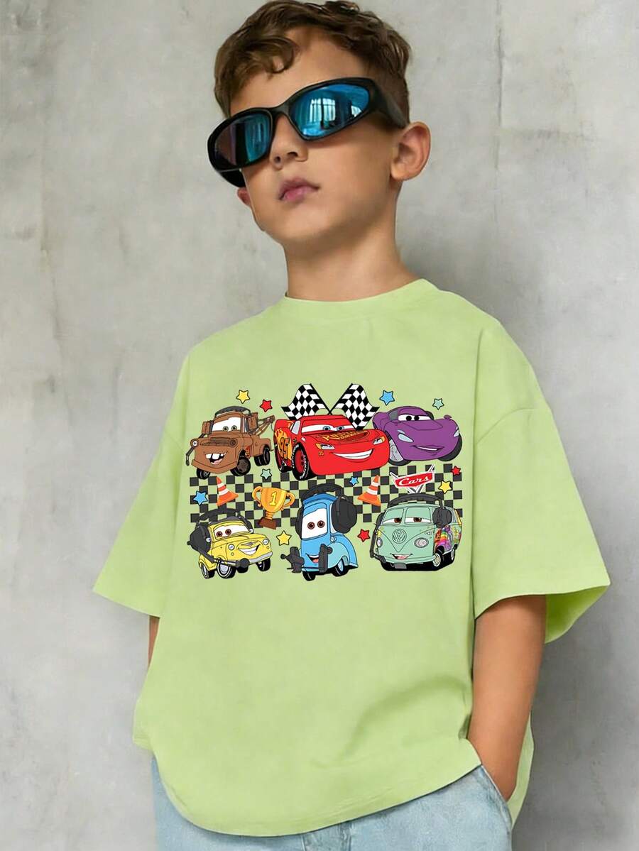 Summer Tops,Disney Cars Print Graphic Tee, Perfect For Cool Boys. Teen Boy Gift,Comfortable And Breathable Children's Short-Sleeved T-Shirt. 180g Pure Cotton Children's Clothes,Suitable For Both Boys And Girls.Suitable For Daily Wear, Vacations, Outdoor Activities, And As A Children's Gift. - màu xanh lá - Xem 1
