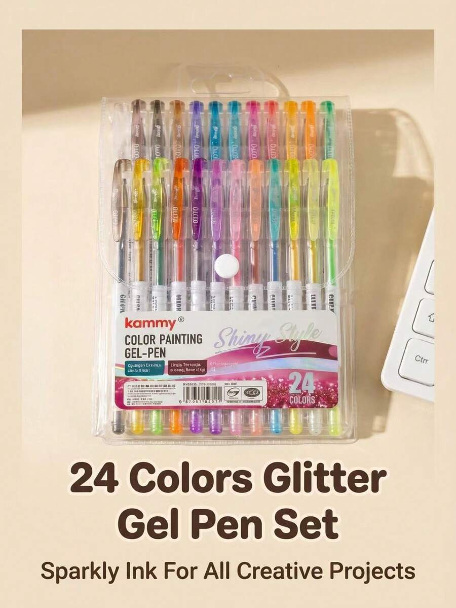 24 Colors Glitter Pens, Metallic Shiny Color, With Cap Glitter Pens Suitable For Adults And Children, Fine Tip 0.7mm Applicable For Adult Coloring Books, Painting And Journals - Sets - View 1