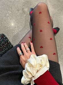1双女士红色爱心图案缎面性感丝袜，超薄、高弹、透气，时尚百搭的透明丝袜，适合约会和派对穿着 - 彩色 - 查看 1