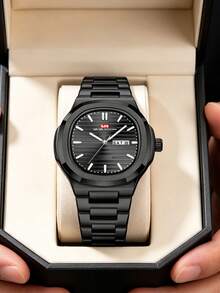 Đồng hồ nam quartz doanh nhân thép không gỉ 43.5mm, đồng hồ thể thao thương hiệu cao cấp, hiển thị ngày & thứ, mặt số sọc dạ quang, chống nước 3bar, quà tặng Valentine - màu đen - Xem 4