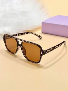 1pc Leopard Print Double Bridge Aviator Square Fashion Glasses, Unisex Elegant Facial Contouring Accessory For Commuting, Street Style, Outings, Versatile - 白豆花全茶 - 查看 3