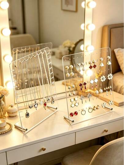 2件套悬挂式首饰收纳架，多层桌面台面独立式项链/耳环架展示架，亚克力+不锈钢/透明色