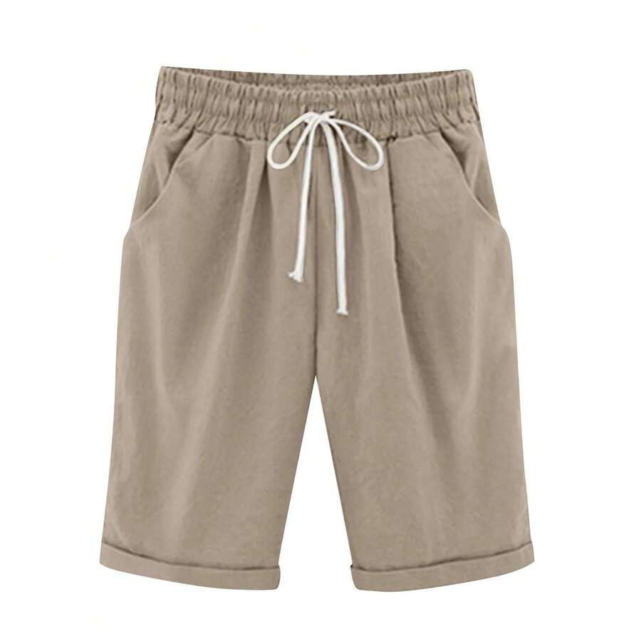 Pantalones sencillos transpirables de cintura media para verano, pantalones de cinco puntos informales y versátiles, finos, de Color sólido, para verano - Caqui - Ver 1