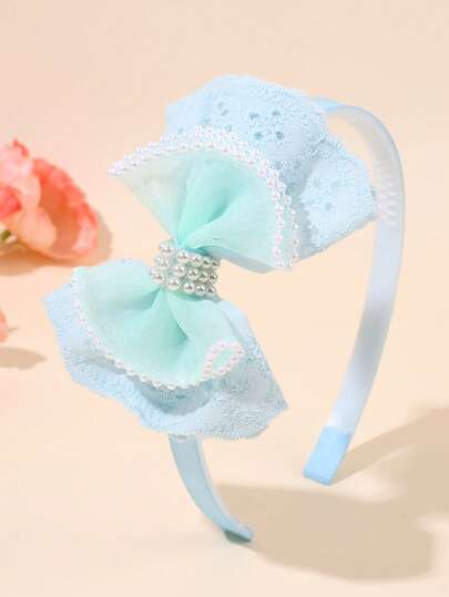 1 pieza Diadema con lazo de encaje azul, elegante decoración de perlas y malla, aro de moda para el cabello, adecuado para boda, cumpleaños, uso diario
