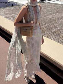 Women's Retro French Polka Dot Halter Maxi Dress, Made Of Beige Chiffon Fabric, With High Collar Halter Neck, Deep V-Cut And Flowing Tie, Suitable For Vacation Or Summer Atmosphere Outfit White - White - View 4