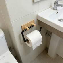Modern Wall‑Mounted Toilet Paper Holder Wood‑Grain Finish (Plastic Material Only),Drill‑Free Self‑Adhesive Tissue Holder, Dual‑Use Organizer ForKitchen & Bathroom, Sturdy Wood‑Look Plastic, Holds Paper Rolls, Wrap Rags & Toilet Paper, Easy To Install - Multicolor - View 3