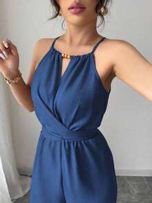 Women& # 39;S Casual Blue Wrinkled Fabric Sleeveless Halter Beaded Waist Twist Design Straight Jumpsuit Tie Bow Design At Back, Spring And Summer Royal Blue Group Purchase Sky Blue Group Buy Cerulean Blue - Màu xanh nhạt - Xem 10