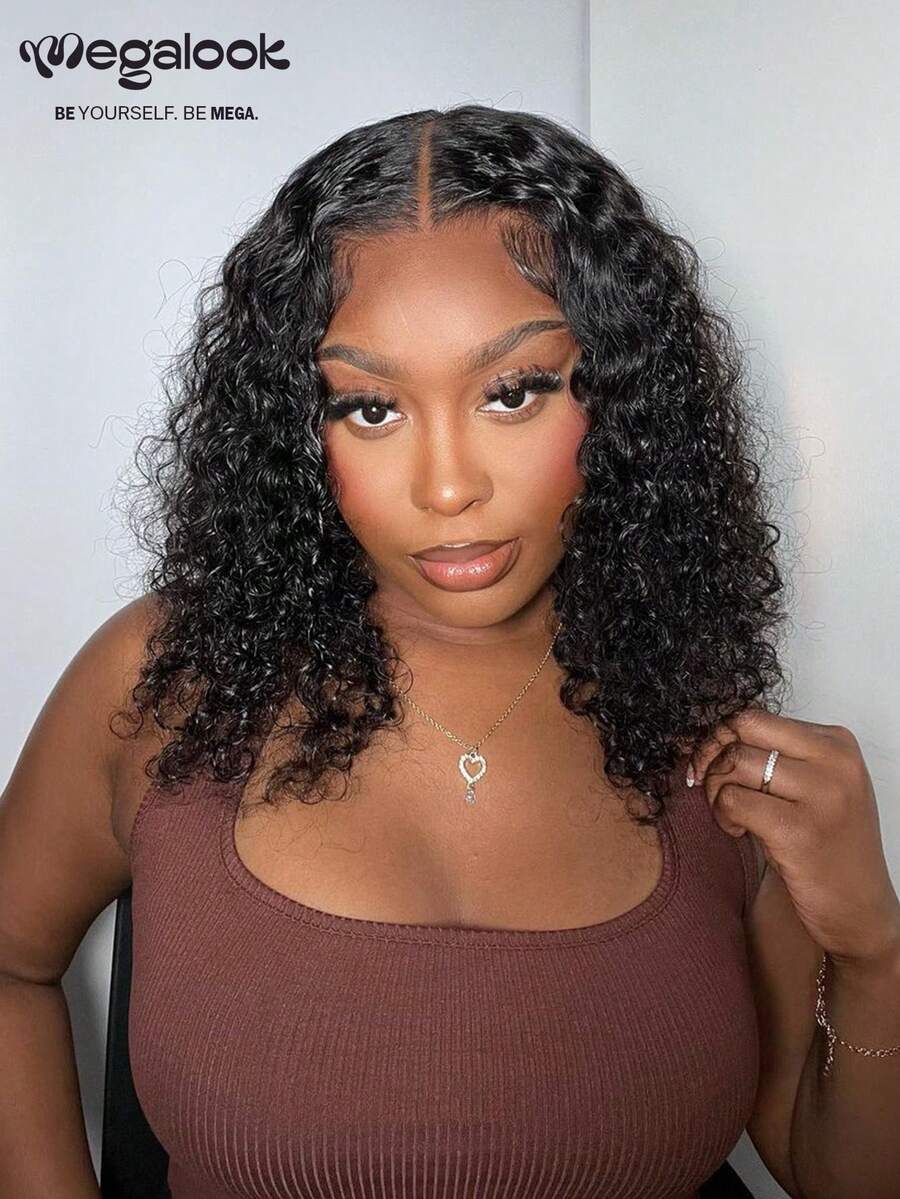 MEGALOOK 13x4x1 Jerry 卷曲蕾丝假发，100% 真人发丝，自然黑色，10-30 英寸，预漂白预拔毛，自然发际线，适合新手，适合女性，可用于假日派对、商务会议、节日季、服装派对、冬季假期、毕业典礼、婚礼、万圣节装扮以及日常派对。 - SNatural - 查看 1