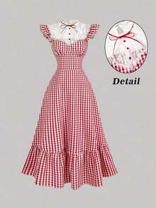 Este adorable vestido de mujer combina el clásico estampado  rosa con un delicado cuello de encaje y un pequeño lazo.Su corte ajustado tipo A y manga corta evocan el estilo vintage de los años 50, ideal para días de campo, picnics, salidas casuales o cualquier ocasión primaveral y veraniega. - Rojo y blanco - Ver 3