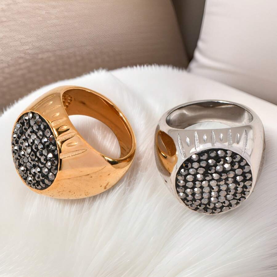 Italian Court-Style Oval Diamond-Studded Ring, Vintage Luxury Titanium Steel PVD Plated With 18k Gold, Unisex Design - Vàng - Xem 1