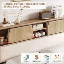 Beaully King Size Rattan Bed Frame With 2 Tier Shelves, Boho Rattan Bed Frame With Shelf Headboard Sliding Door, Wood Foundation With Silent Slats, No Box Spring Needed - Brown - View 6