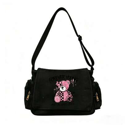 Chic "Forever Young" Checkerboard Bear Print Crossbody Bag, Large Capacity Minimalist Black Canvas Shoulder Bag, Durable For Daily, School, Commute
