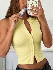 GAOVOT Women's Y2K Sexy Front Button Sleeveless Round Neck T-Shirt, Summer - Yellow - View 4