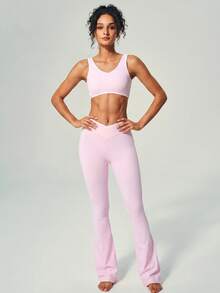 UONNOU High Waist Flare Yoga Pants & U-Neck Sports Bra, Seamless Activewear Set - Baby Pink - View 12