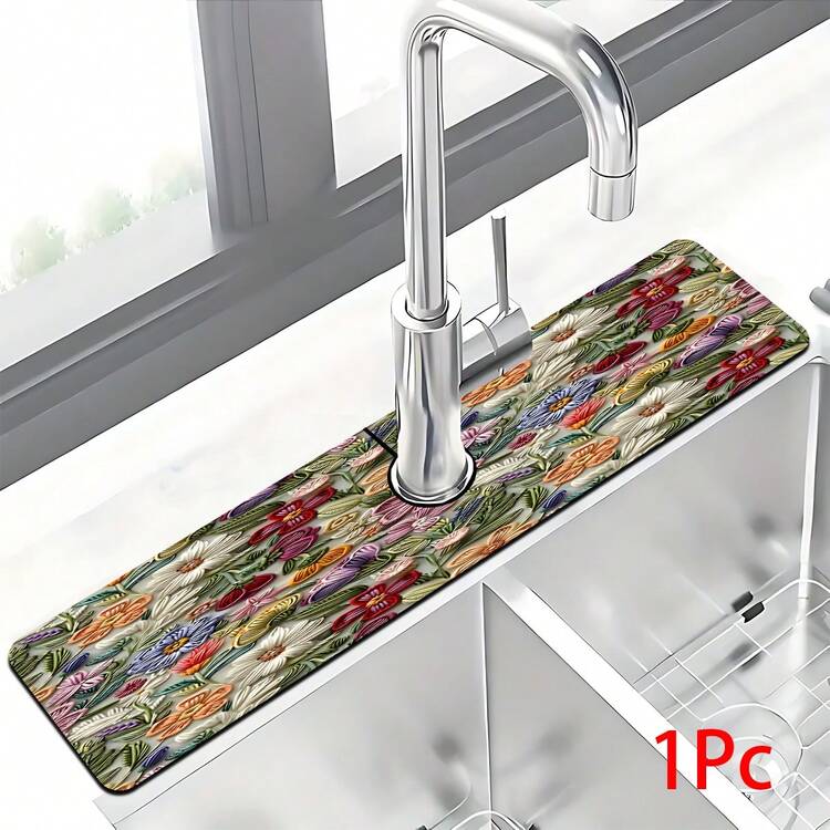 1pc Floral Pattern Faucet Cover, Durable Polyester, Quick Drying, Easy To Clean, Suitable For Kitchen And Bathroom, Easy Installation, Daily Decor, Gift, Bathroom Mat, Durable Faucet Cover, Faucet Accessory - Multicolor - View 12