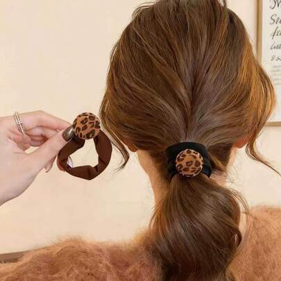 1 chiếc dây buộc tóc hình quả cầu in họa tiết da báo, dây buộc tóc co giãn cao, bền chắc, phụ kiện tóc thời trang cá tính cho mùa thu.