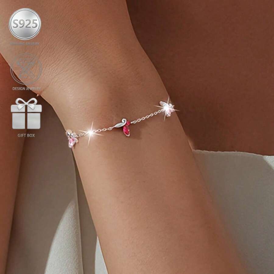 1 chiếc vòng tay hình bướm bằng bạc 925 đính đá Zirconia, kiểu dáng thời trang, tối giản, thanh lịch, phù hợp cho phụ nữ đeo hàng ngày, tham dự lễ hội âm nhạc, đám cưới và du lịch. - Hồng - Xem 1