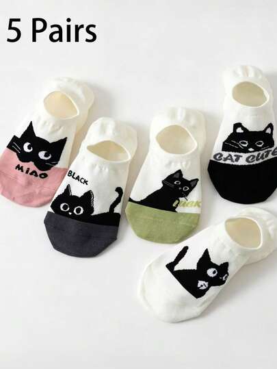 5 Pairs Women's Cute Cartoon Cat Ins Style No-Show Socks, Thin Spring & Summer Invisible Non-Slip Heel-Stay Low-Cut Ankle Sock,Suitable For Home, Commuting, Party, Sports, School And Holiday Gifts