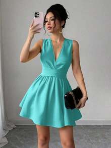 Vestido mini elegante y sexy para invitada de boda con cuello en V cruzado, sin mangas y silueta evasé, diseño versátil para conciertos, playa, fiestas, primavera/verano, con bolsillos, vestido de noche con espalda descubierta, color amarillo mantequilla - verde menta - Ver 4