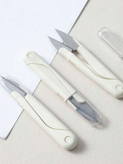 White Minimalist Design, Small Handcraft Sewing Thread Snips, Portable Safety Scissors, Mini Spring Scissors With Protective Cap
