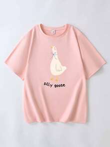 Plus Size Women's Casual Loose Goose Print Round Neck Short Sleeve Summer Top, Graphic Vacation Tee Pink - Pink - View 2