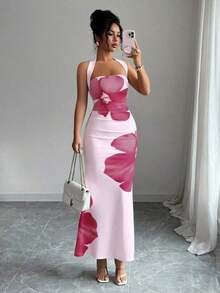 Vestido midi estampado de verano 2025 para mujer, con cuello halter y cintura ajustada. - Púrpura malva - Ver 7
