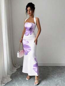 Vestido midi estampado de verano 2025 para mujer, con cuello halter y cintura ajustada. - Púrpura malva - Ver 4