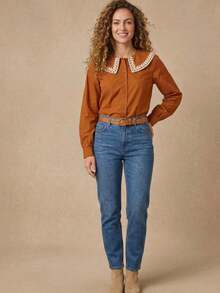 Women's Shirt With Ruff Collar/ Embroidered Detail/ Front Buttons/ Long Sleeves/ Classic Fashion S2192 2 In 1 Office - 鏽棕色 - 查看 3