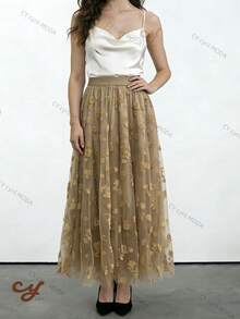 Long Embroidered Tulle Skirt - Light And Romantic, 100% Polyester - Camel - View 1