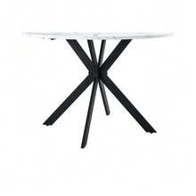 Modern Round Dining Table With Walnut Finish, Made Of MDF – Black X-Frame, Dining Table For Kitchen And Living Room, 110 Cm In Diameter. - White - View 6